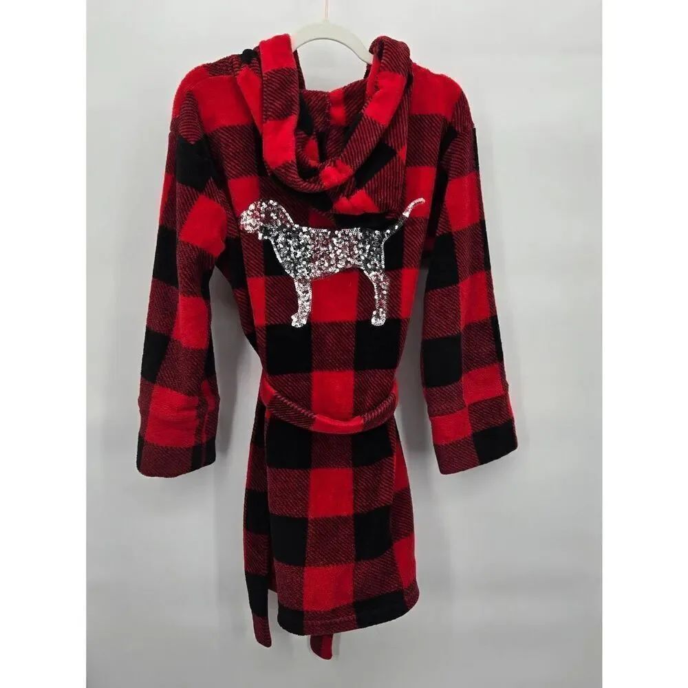 Victoria’s Secret PINK Hooded Belted Robe Womens Size XS Small Buffalo Plaid Seq